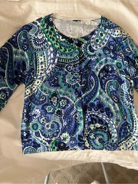 Talbots Blue, Green & White Paisley Cardigan